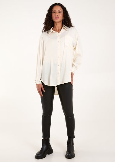Blue Vanilla Cream Embellished Collar & Cuff Satin Shirt