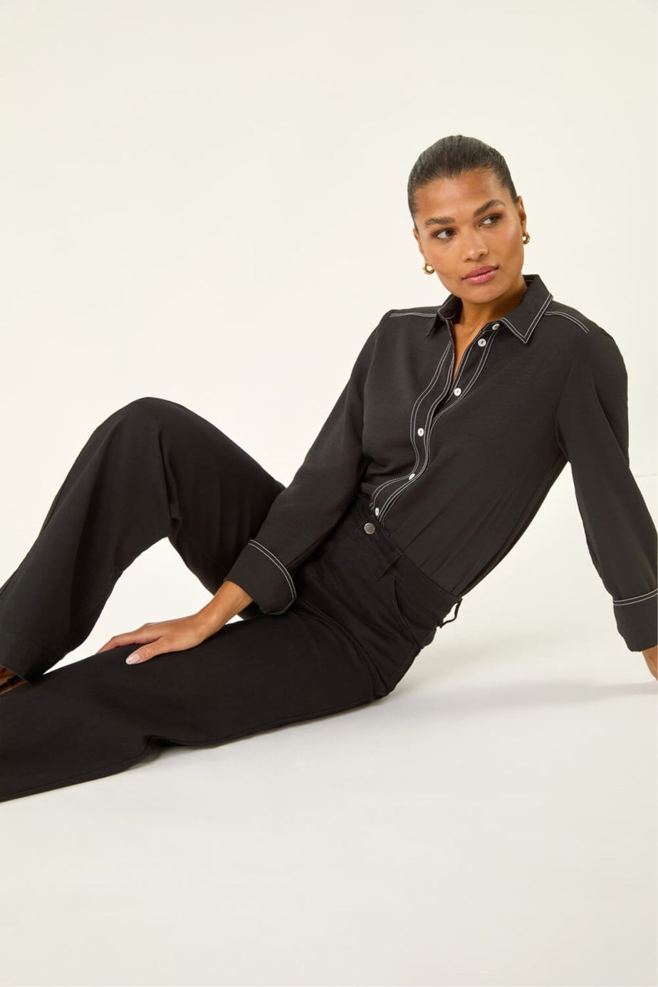 Roman Black Cotton Blend Wide Leg Stretch Jeans