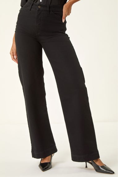 Roman Black Cotton Blend Wide Leg Stretch Jeans