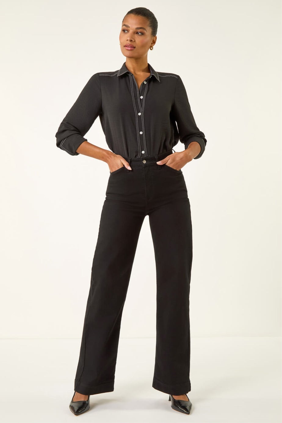 Roman Black Cotton Blend Wide Leg Stretch Jeans