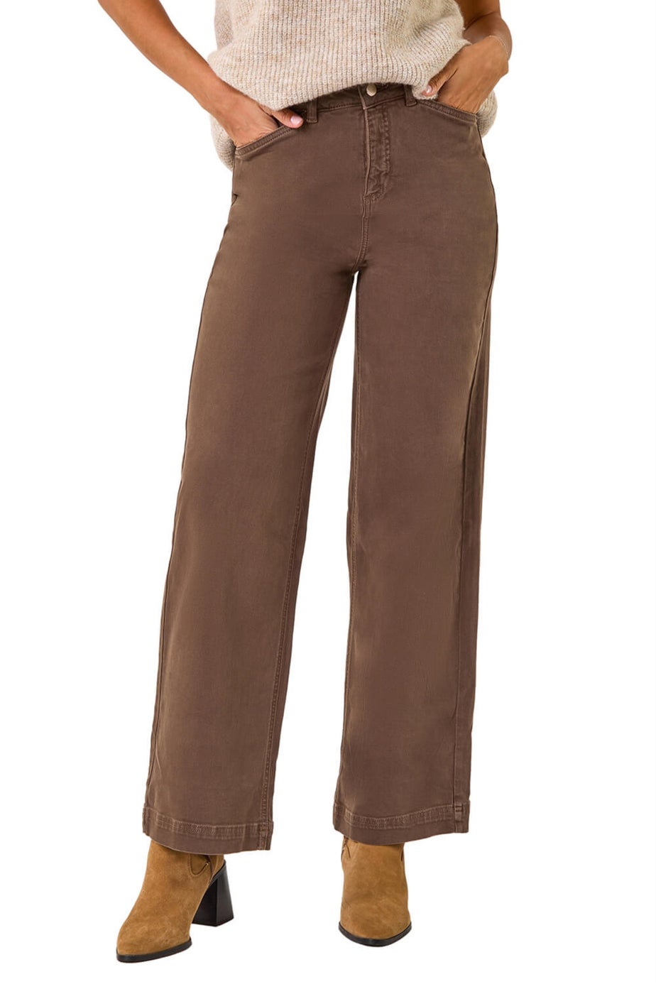 Roman Chocolate Cotton Blend Wide Leg Stretch Jeans