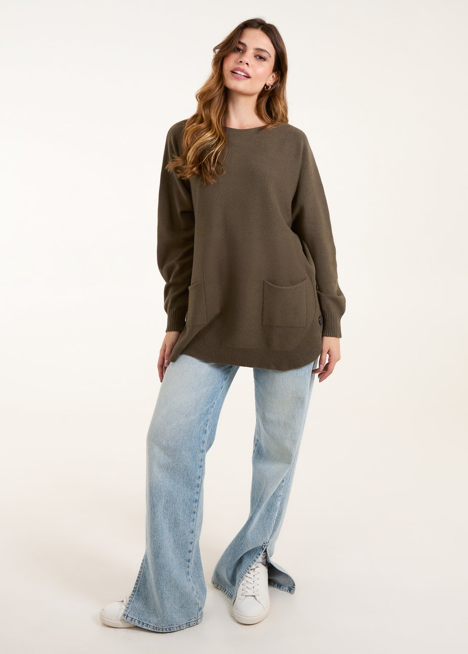 Blue Vanilla Khaki Pocket Slash Neck Jumper