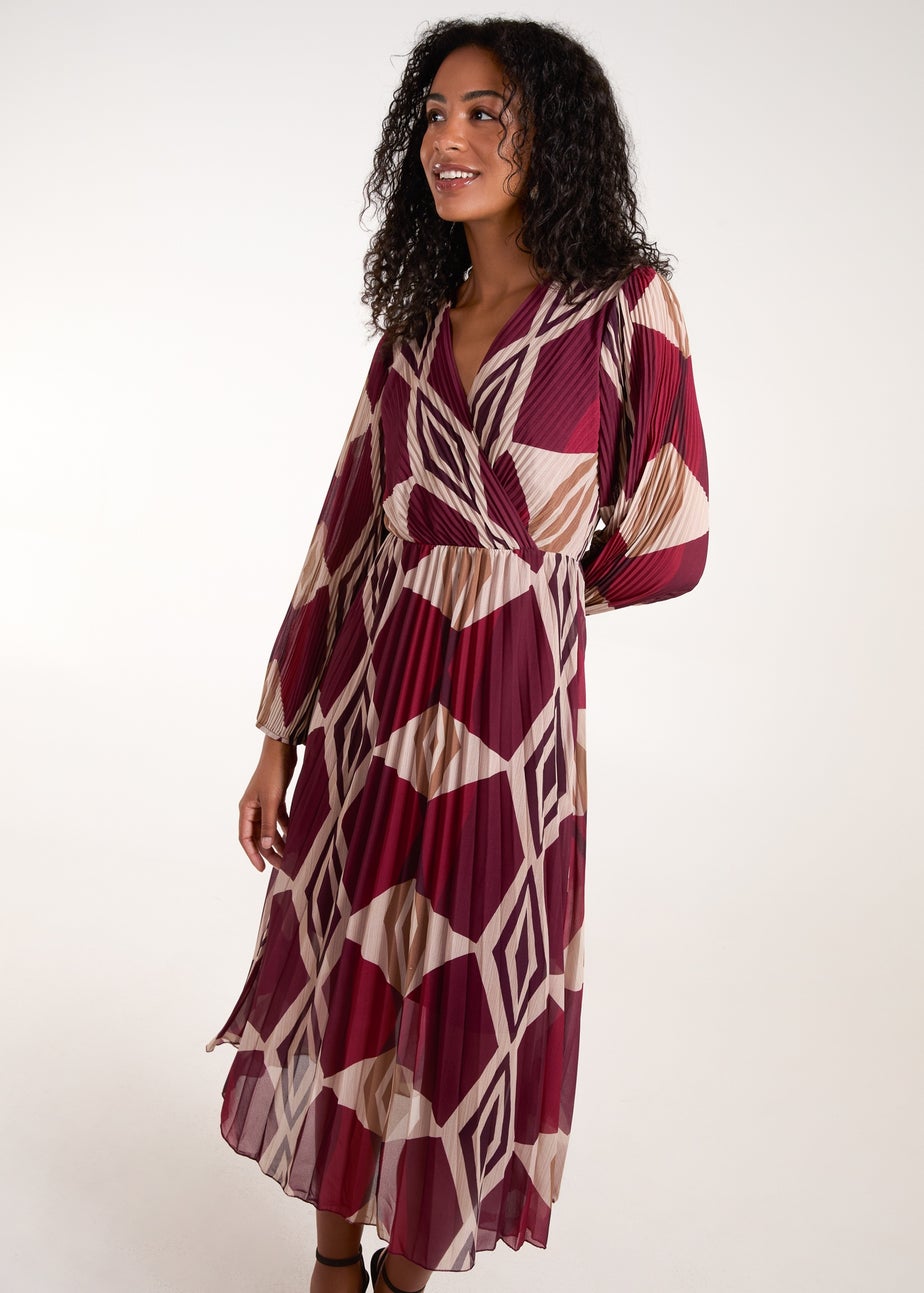 Blue Vanilla Red Wrap Front Pleated Geometric Maxi Dress