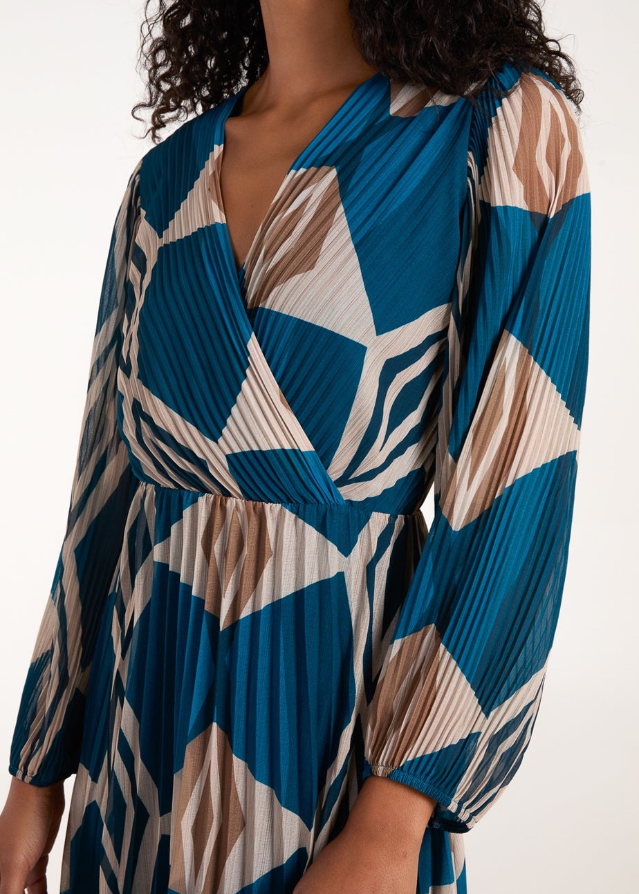 Blue Vanilla Teal Wrap Front Pleated Geometric Maxi Dress