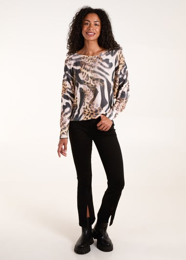 Blue Vanilla Brown Leopard Abstract Fine Knit Jumper