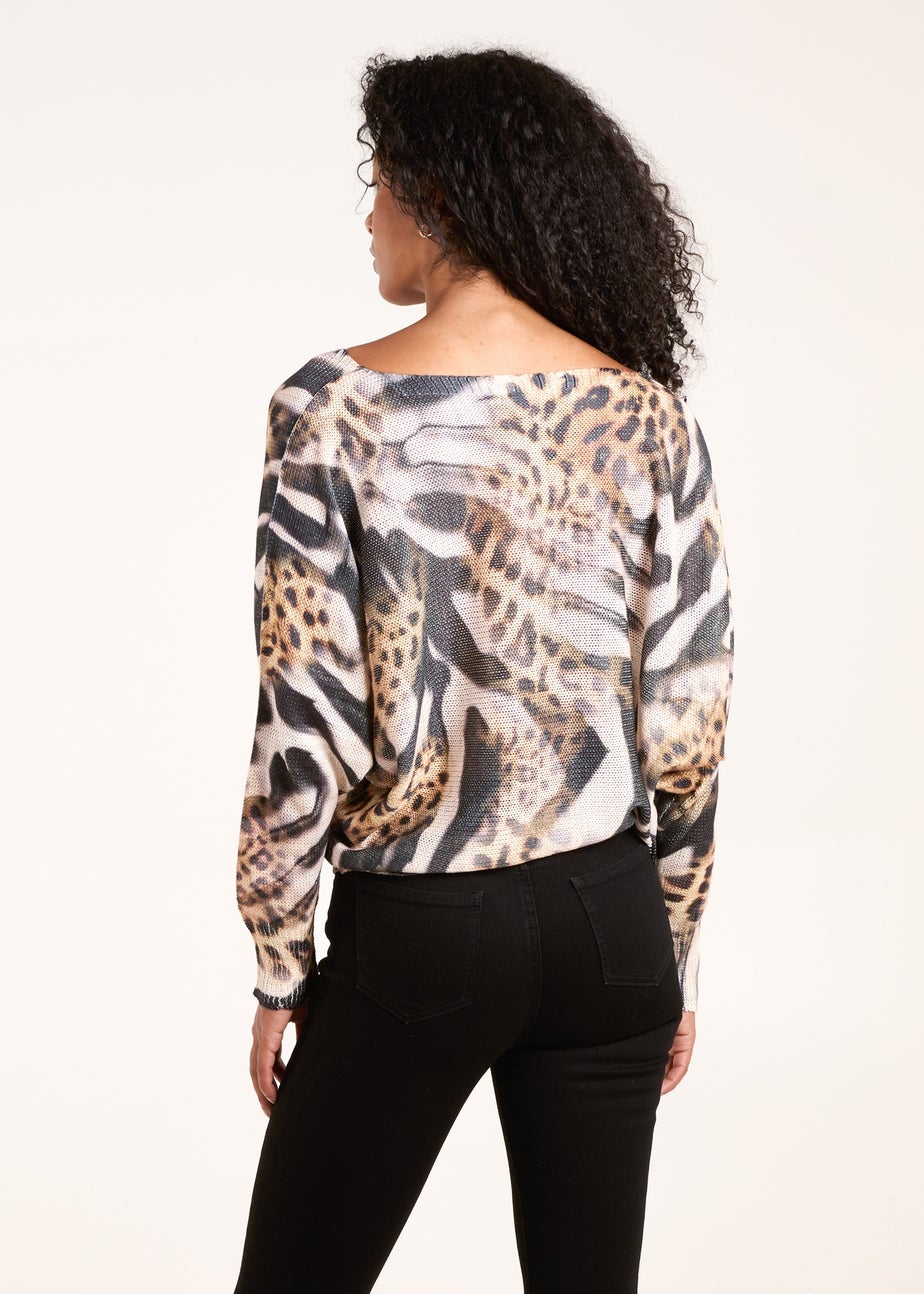Blue Vanilla Brown Leopard Abstract Fine Knit Jumper