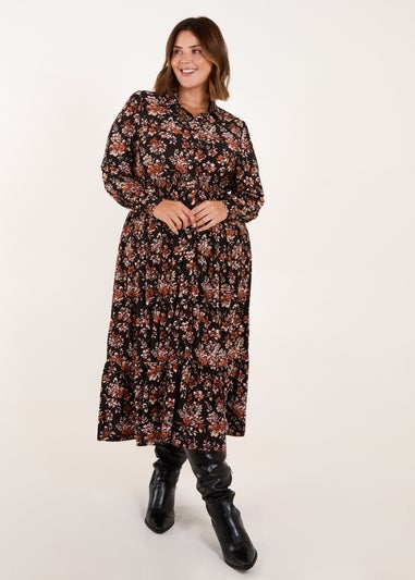 Blue Vanilla Brown Curve Shirred Waist Midi Shirt Dress