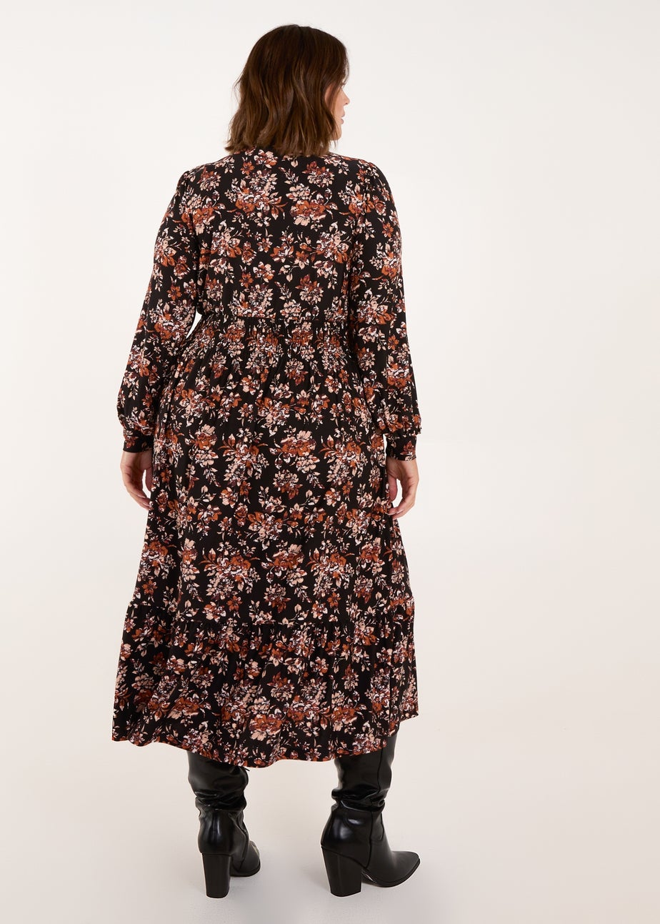 Blue Vanilla Brown Curve Shirred Waist Midi Shirt Dress