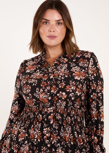 Blue Vanilla Brown Curve Shirred Waist Midi Shirt Dress