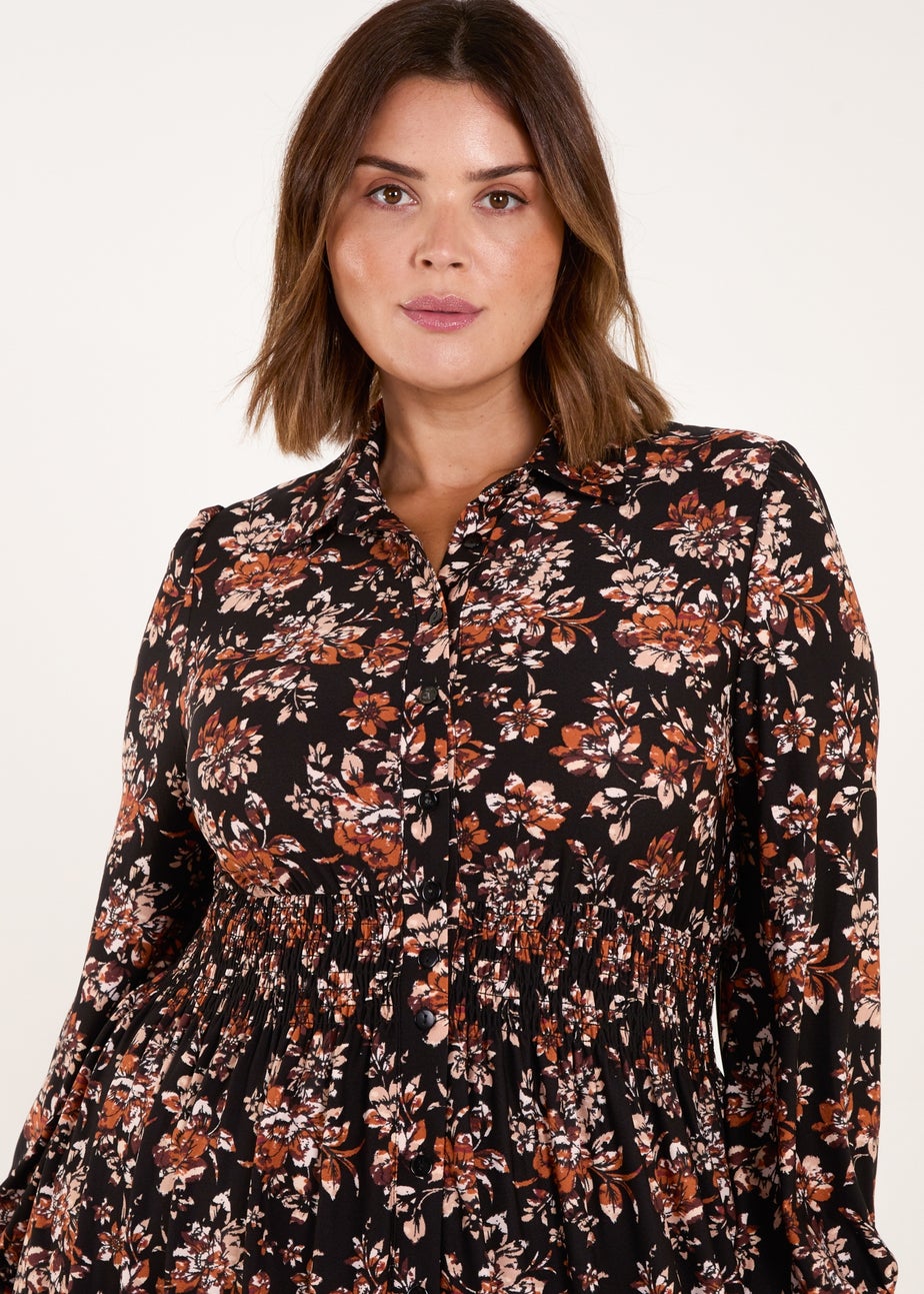 Blue Vanilla Brown Curve Shirred Waist Midi Shirt Dress