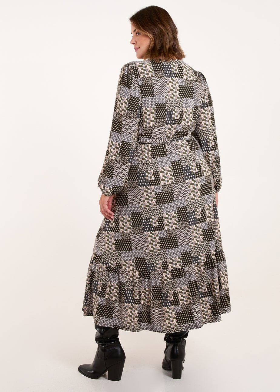Blue Vanilla Khaki Curve Geometric Wrap Front Belted Midi Dress