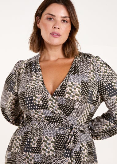 Blue Vanilla Khaki Curve Geometric Wrap Front Belted Midi Dress