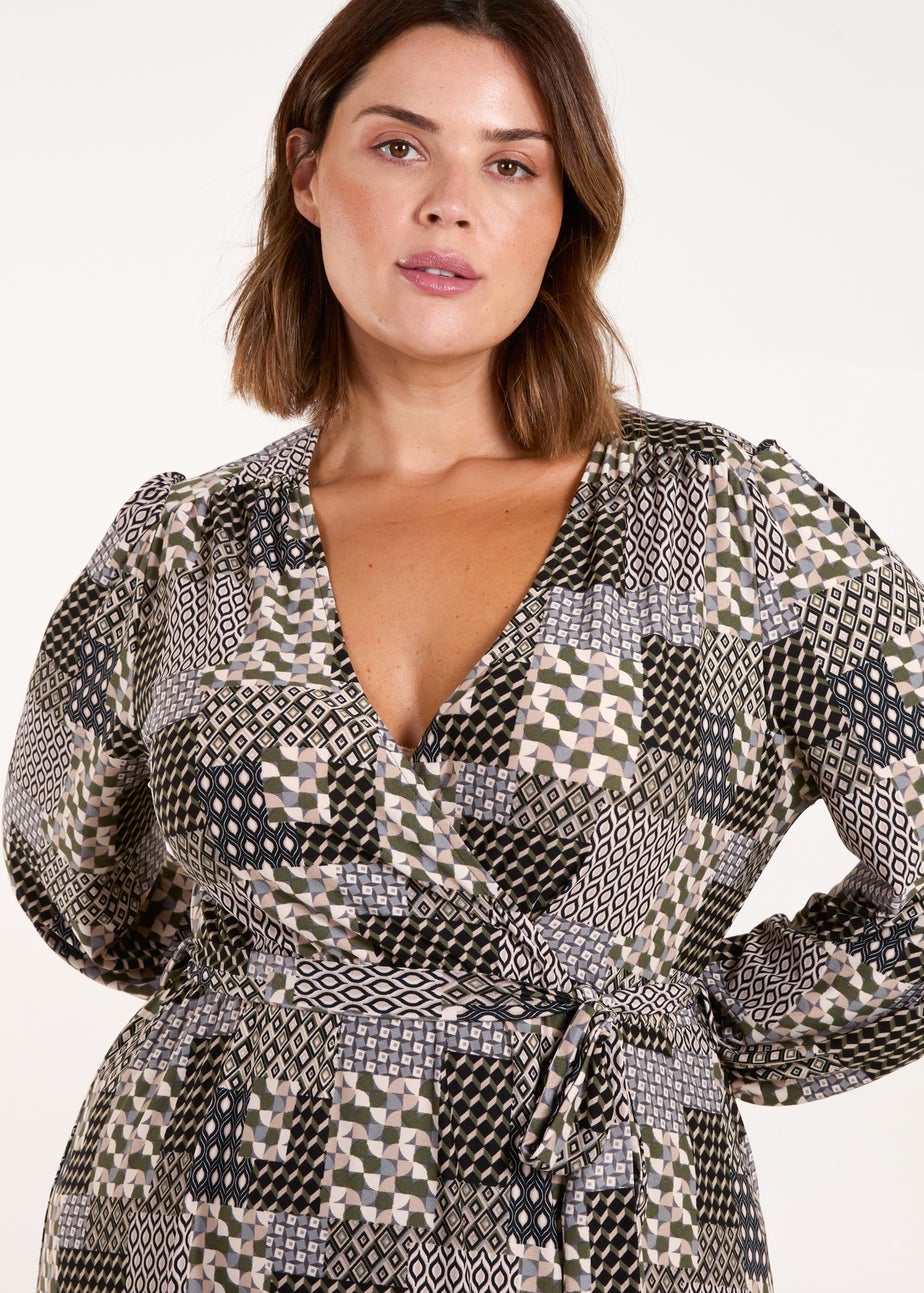 Blue Vanilla Khaki Curve Geometric Wrap Front Belted Midi Dress