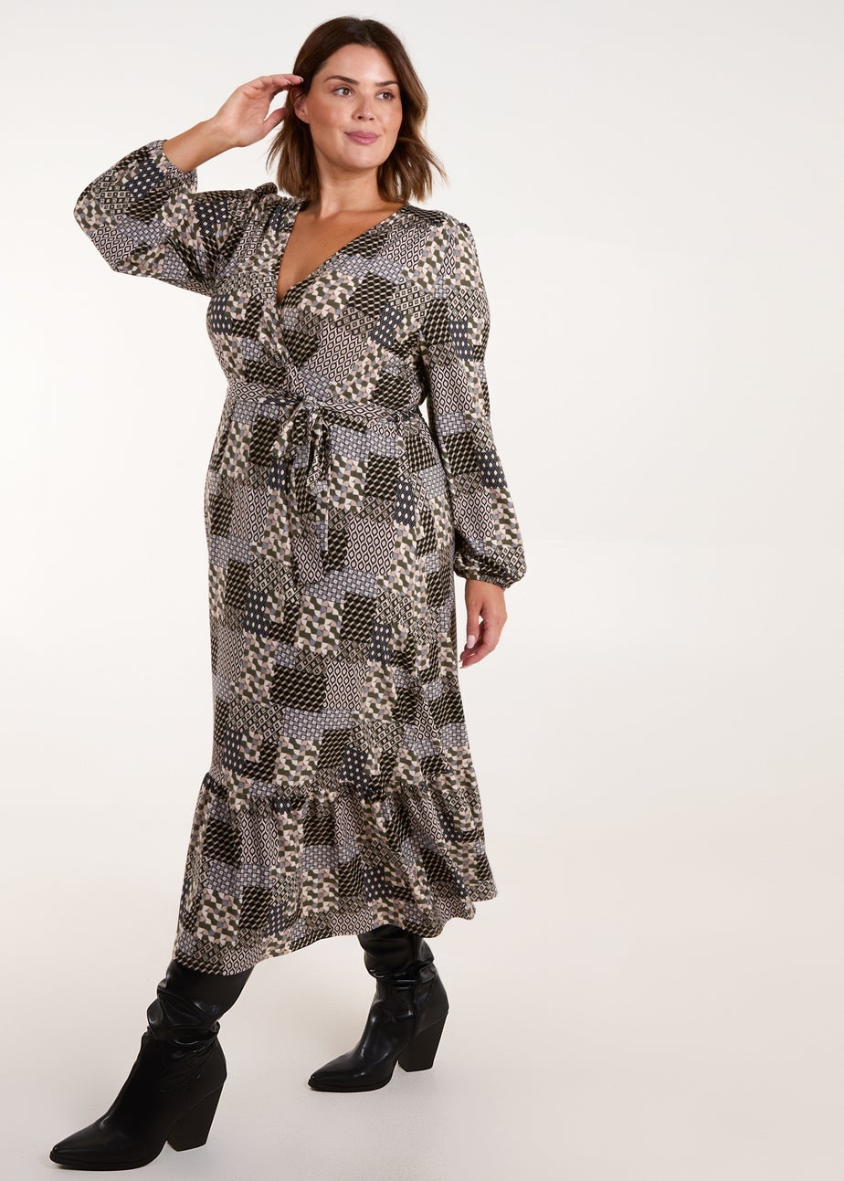 Blue Vanilla Khaki Curve Geometric Wrap Front Belted Midi Dress