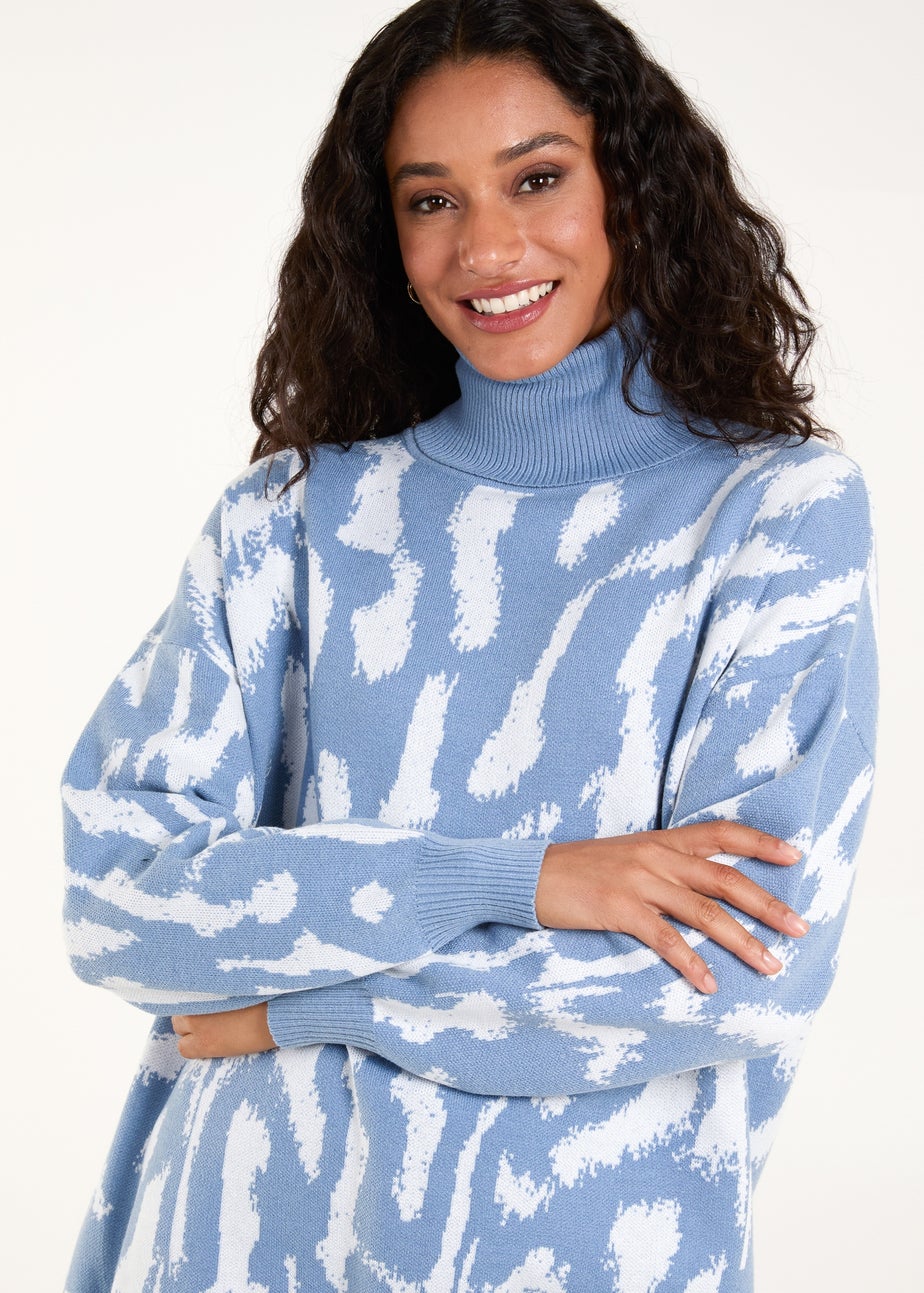 Blue Vanilla Blue Abstract Animal Roll Neck Jumper