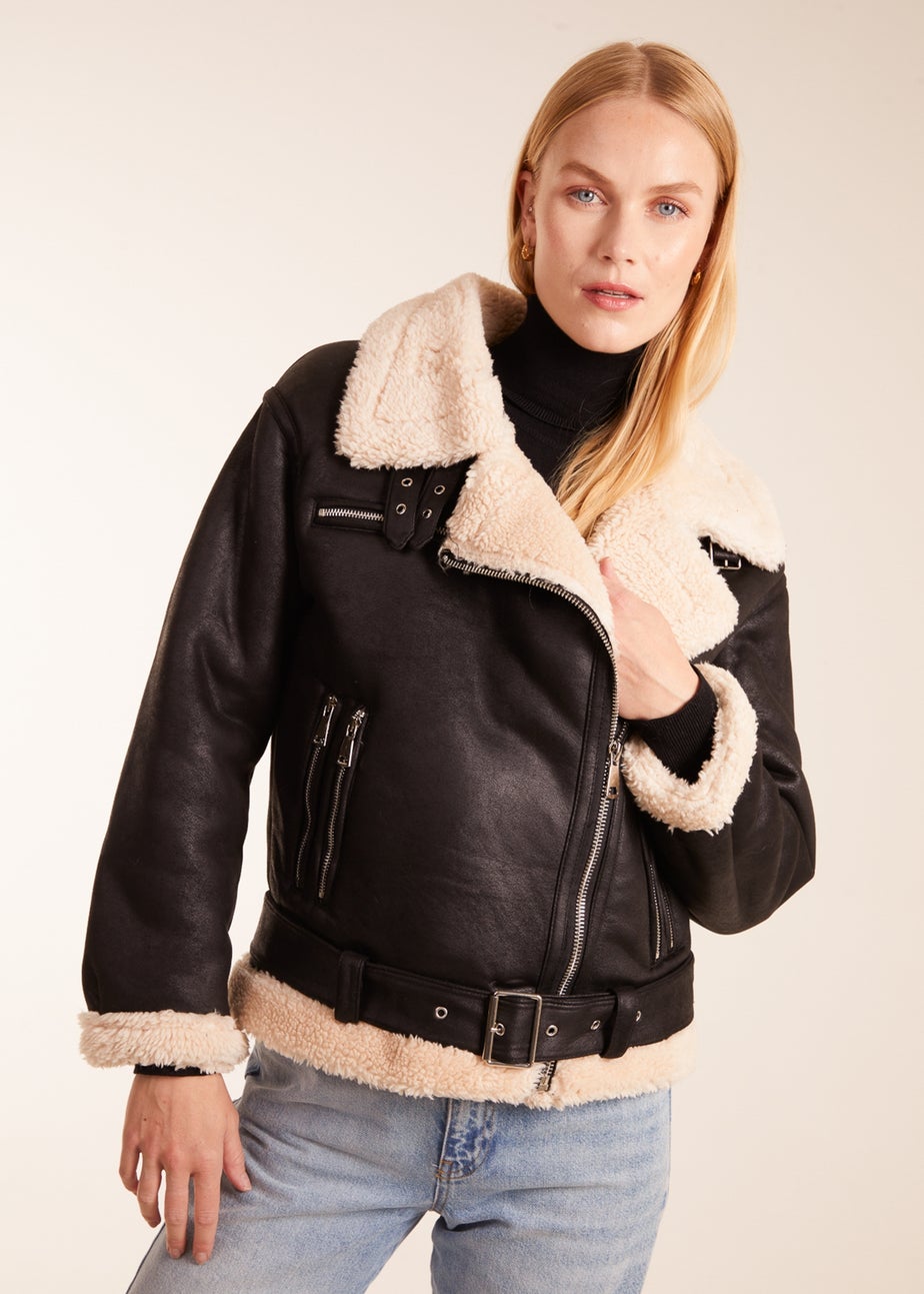 Blue Vanilla Black Shearling Aviator Jacket