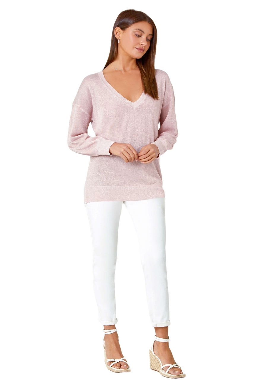 Roman Light Pink Relaxed Stretch Shimmer V-Neck Jumper