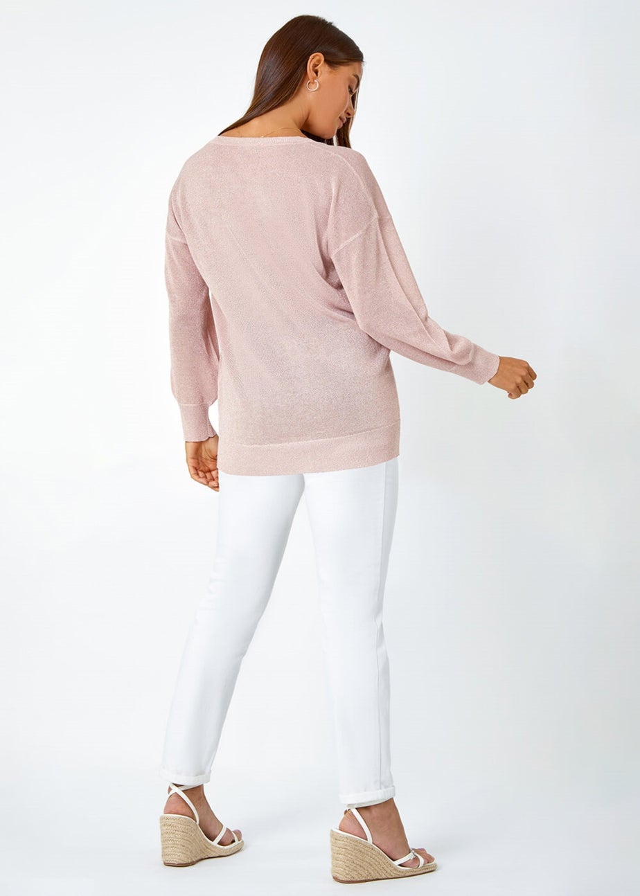Roman Light Pink Relaxed Stretch Shimmer V-Neck Jumper