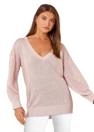 Roman Light Pink Relaxed Stretch Shimmer V-Neck Jumper