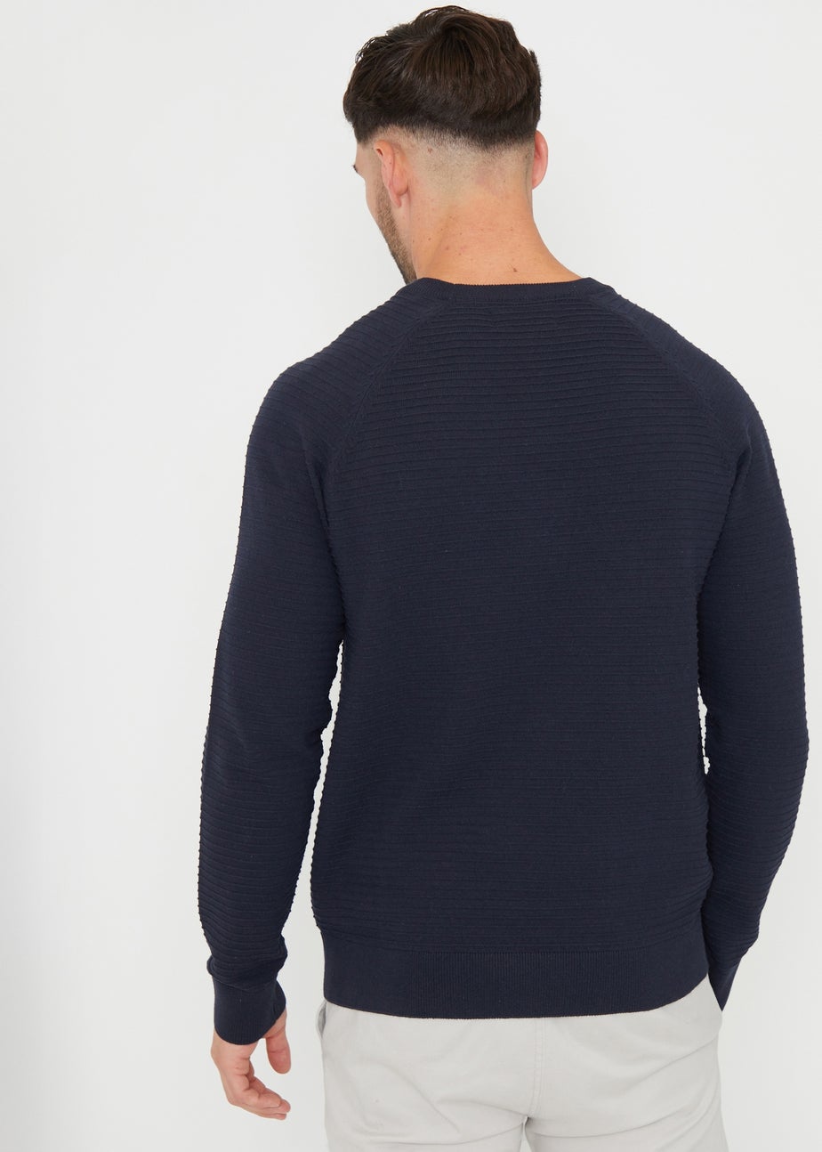 Threadbare Navy Textured Stripe Knitted Crew Neck Jumper