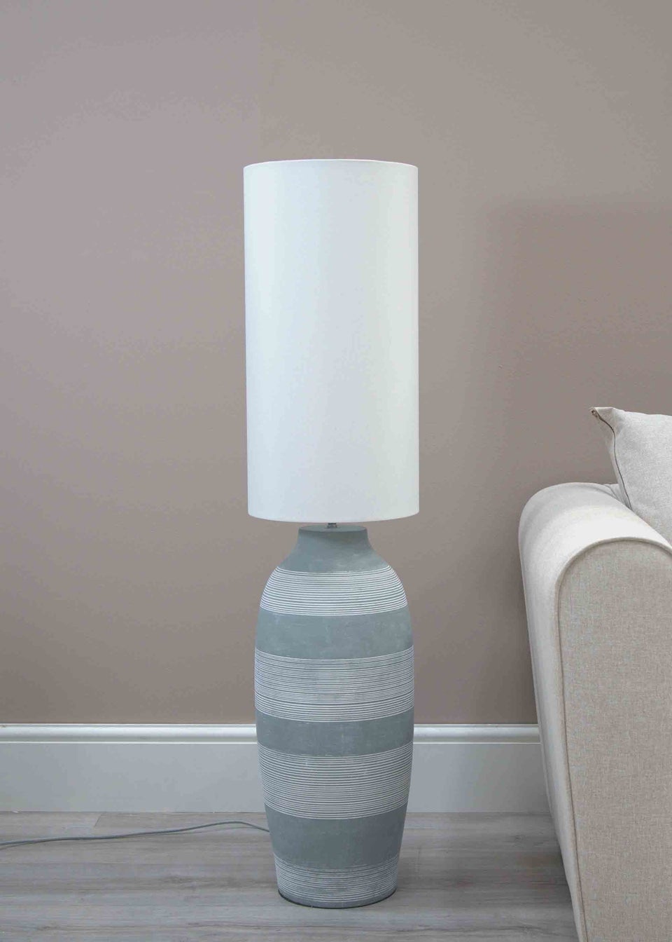 ValueLights Deegan Cement Effect Grey Floor Lamp with Cream Drum Shade