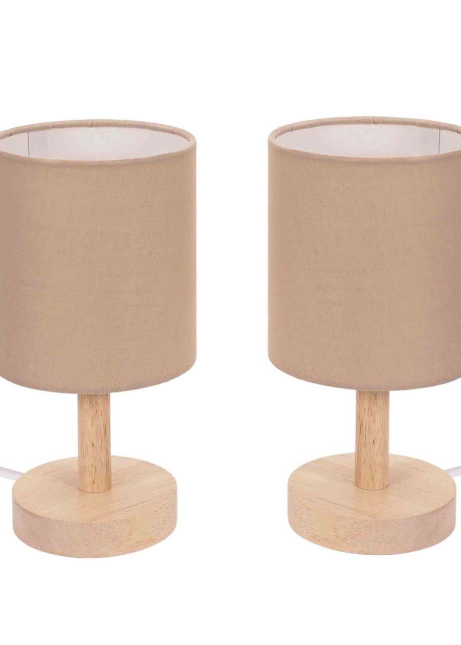 ValueLights Pair Oak Natural Table Lamp with Natural Drum Shade