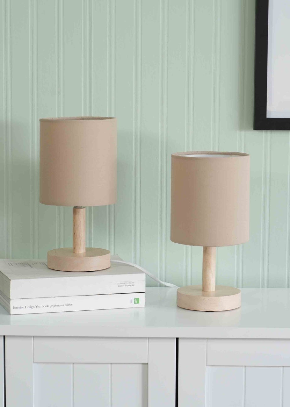 ValueLights Pair Oak Natural Table Lamp with Natural Drum Shade