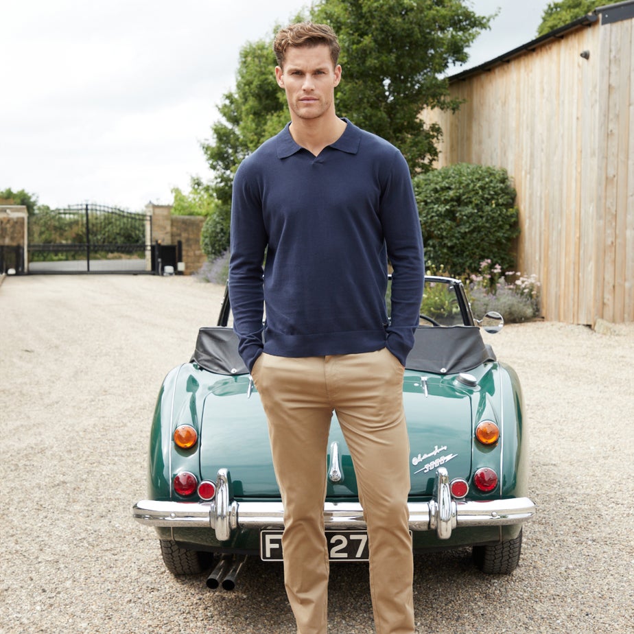 Threadbare Navy Trophy Neck Knitted Long Sleeve Polo Jumper