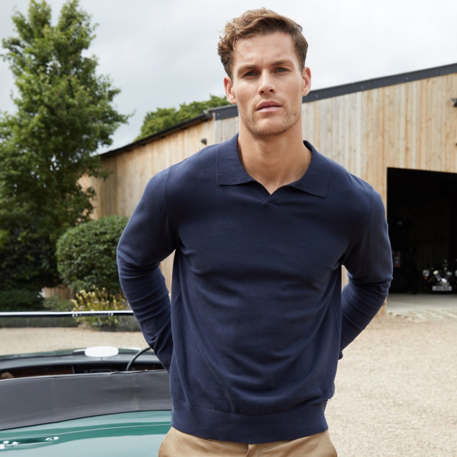 Threadbare Navy Trophy Neck Knitted Long Sleeve Polo Jumper