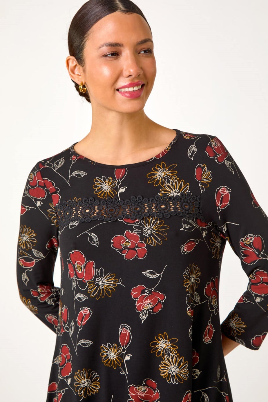 Roman Black Floral Print Lace Trim Stretch Top