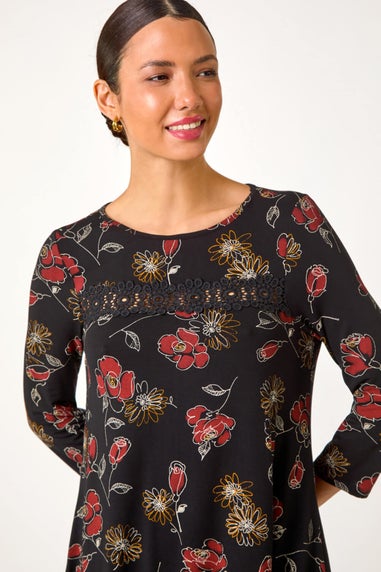 Roman Black Floral Print Lace Trim Stretch Top