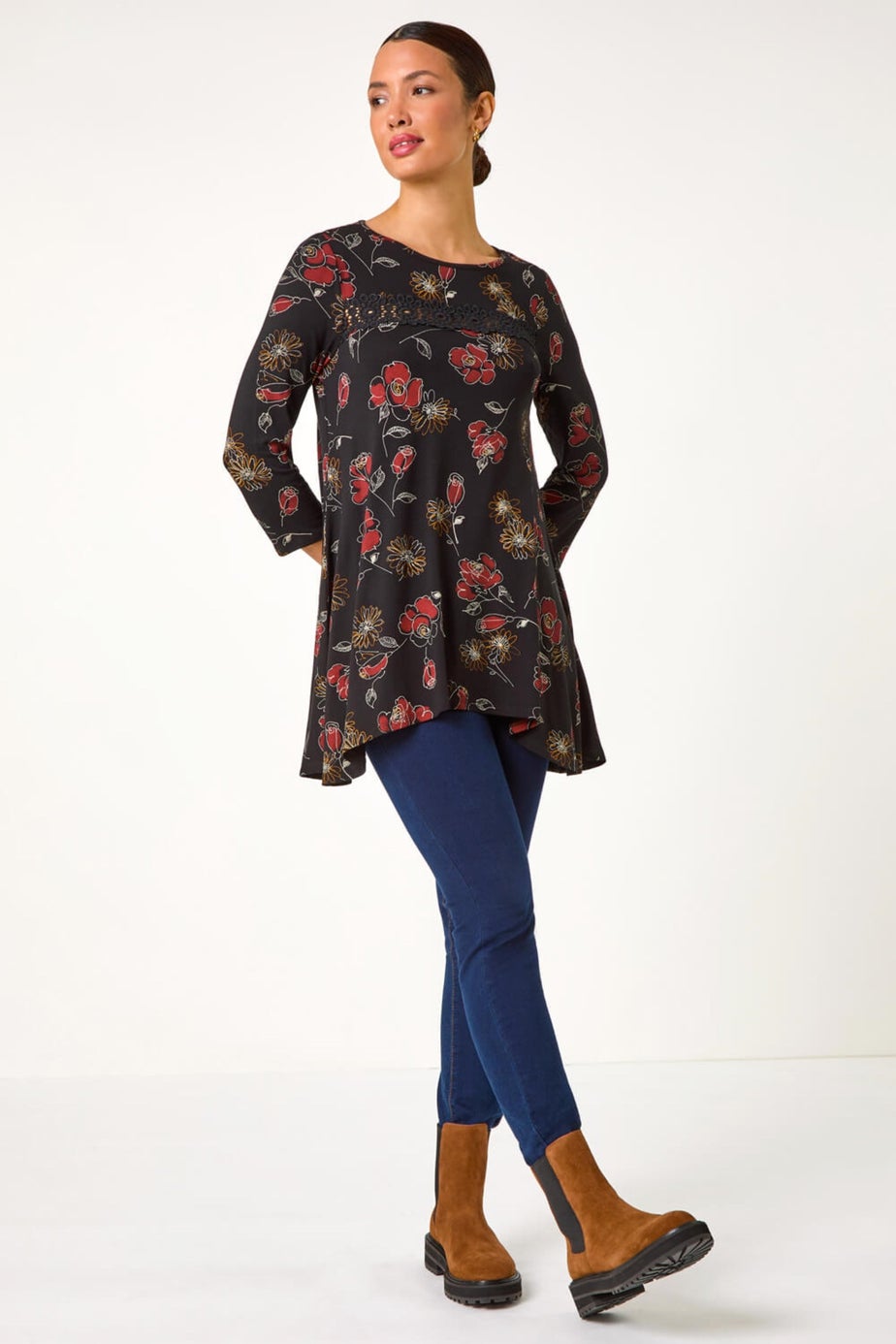 Roman Black Floral Print Lace Trim Stretch Top