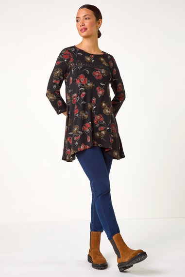 Roman Black Floral Print Lace Trim Stretch Top