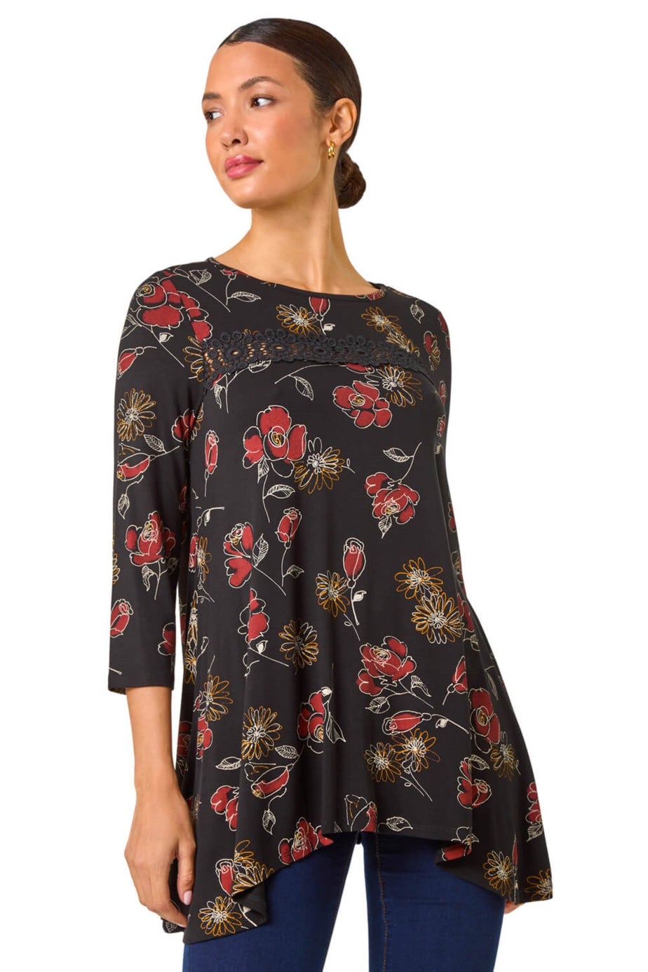 Roman Black Floral Print Lace Trim Stretch Top