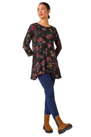 Roman Black Floral Print Lace Trim Stretch Top