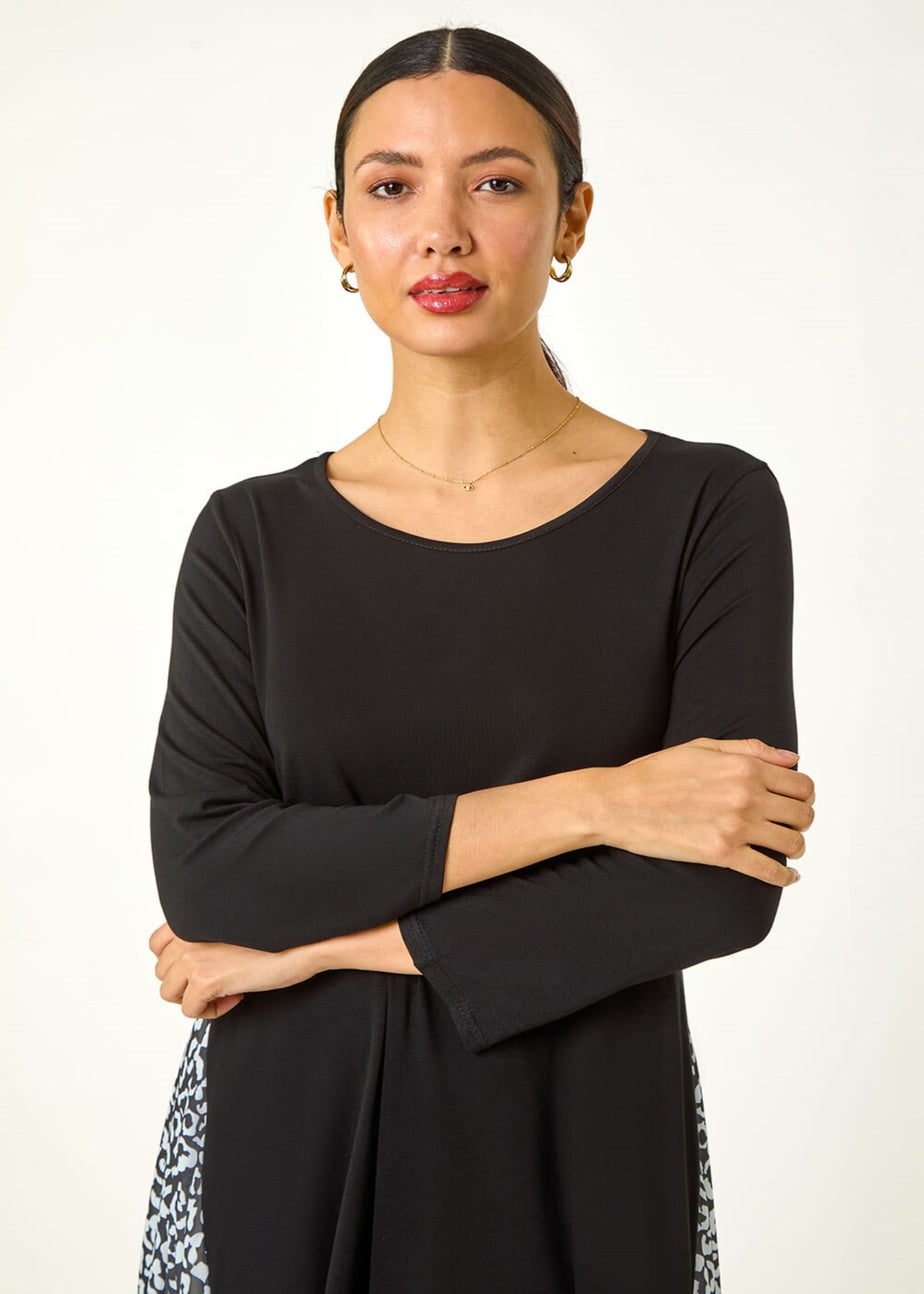 Roman Black Animal Print Contrast Mesh Hem Stretch Top