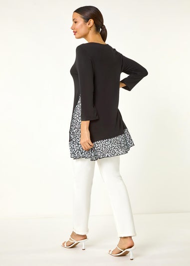 Roman Black Animal Print Contrast Mesh Hem Stretch Top