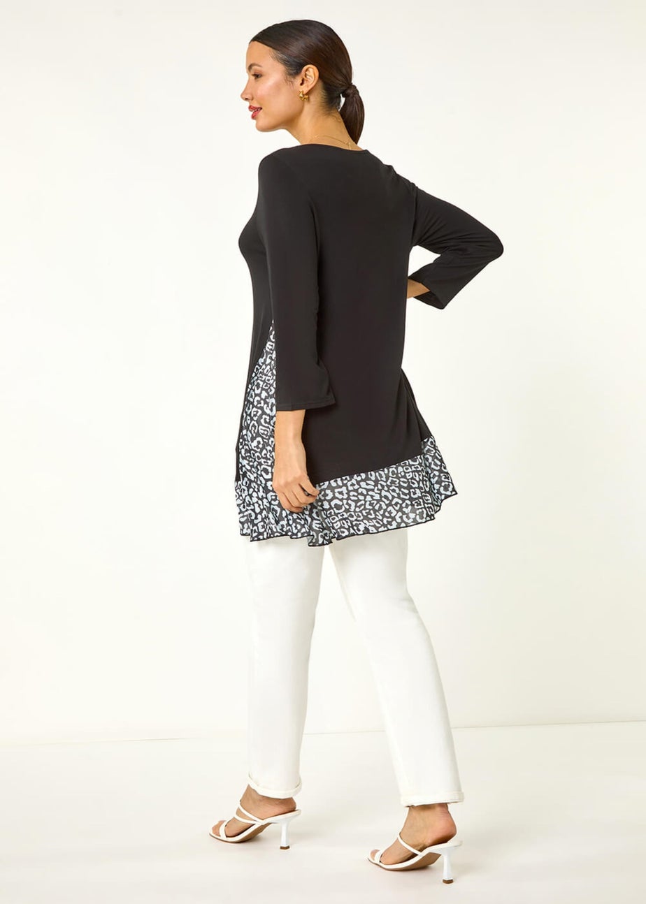 Roman Black Animal Print Contrast Mesh Hem Stretch Top