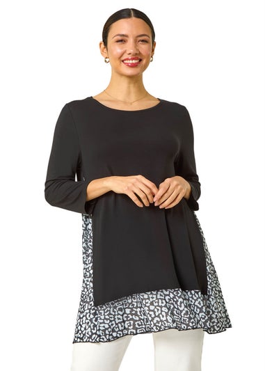 Roman Black Animal Print Contrast Mesh Hem Stretch Top