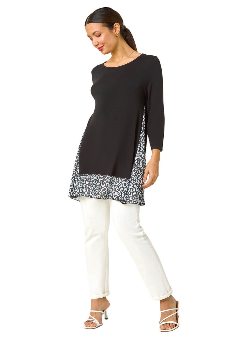 Roman Black Animal Print Contrast Mesh Hem Stretch Top