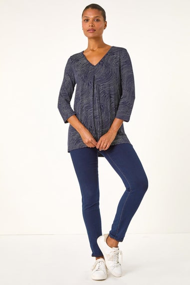 Roman Navy Spot Print Pleat Front Tunic Top