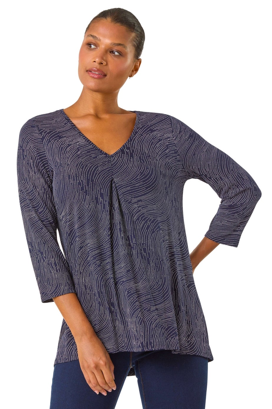 Roman Navy Spot Print Pleat Front Tunic Top