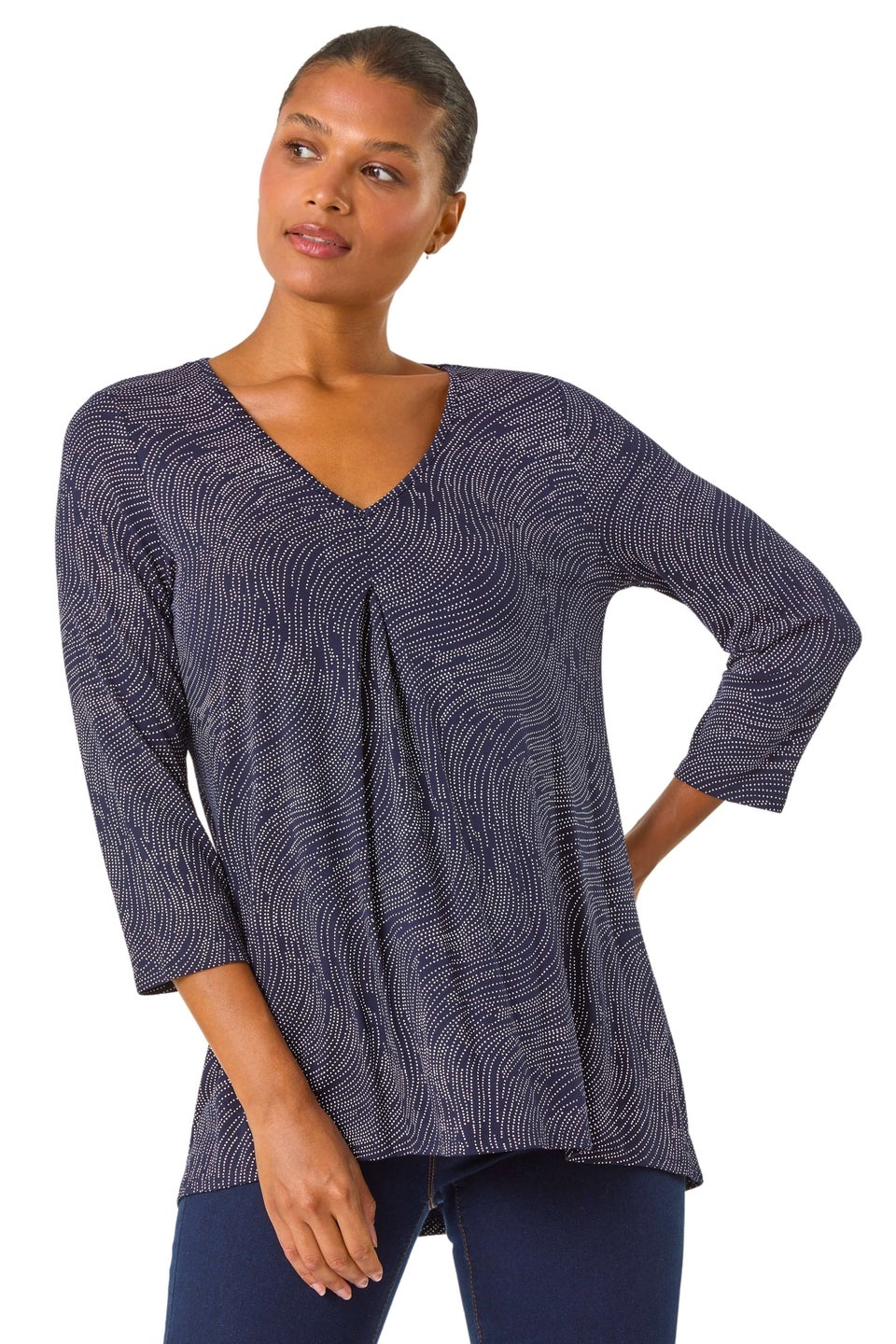 Roman Navy Spot Print Pleat Front Tunic Top