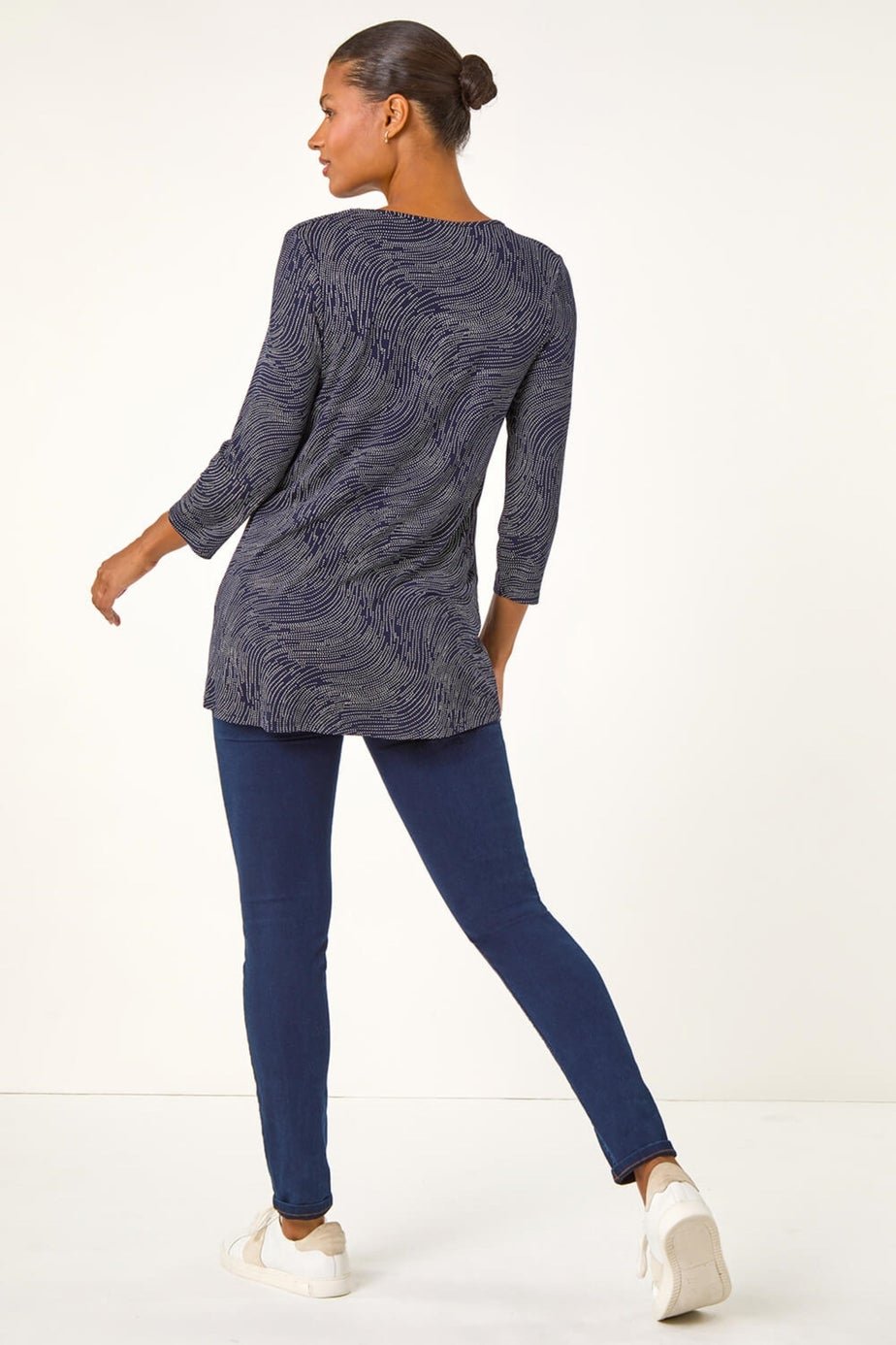 Roman Navy Spot Print Pleat Front Tunic Top