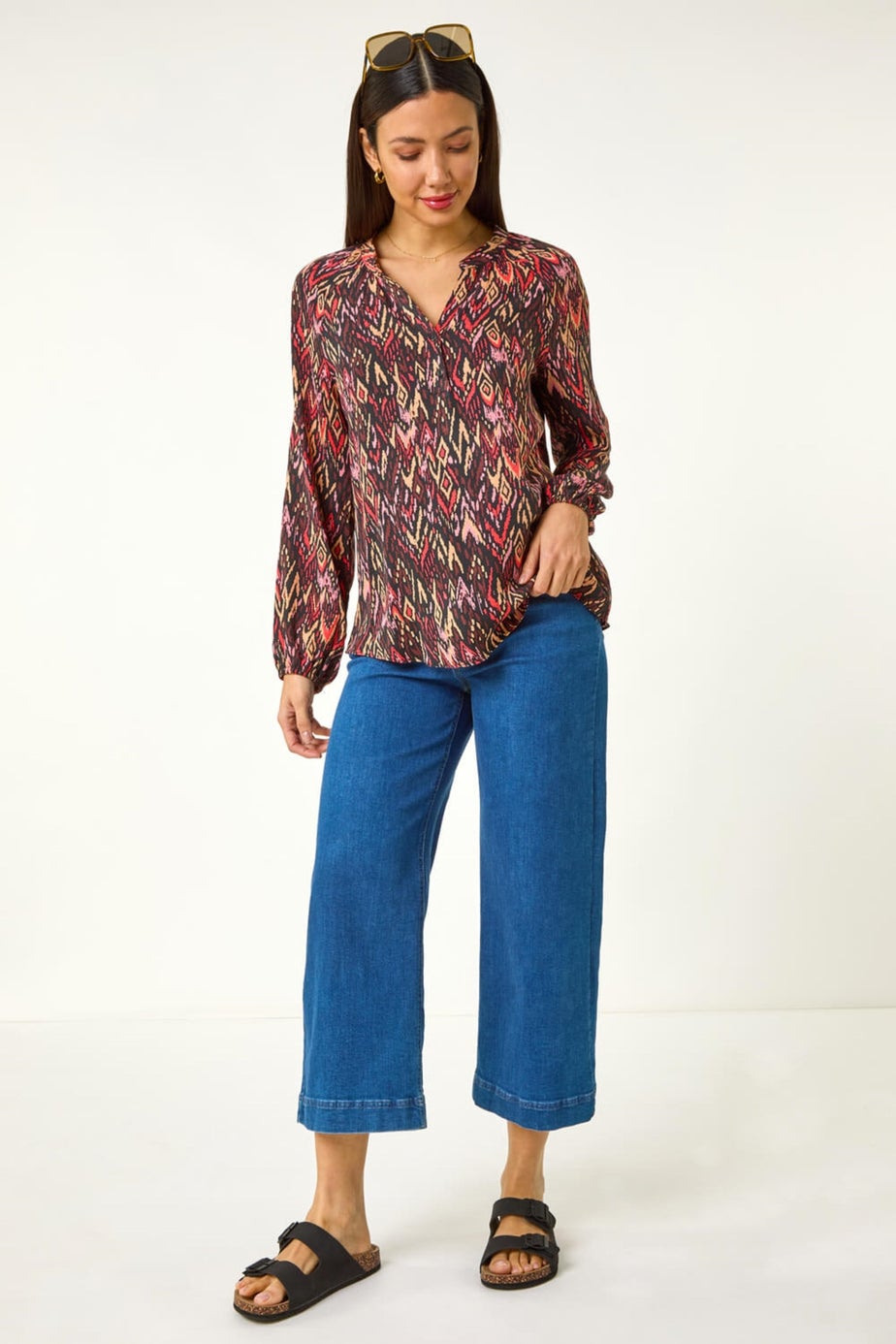 Roman Orange Aztec Print V-Neck Cuff Sleeve Top