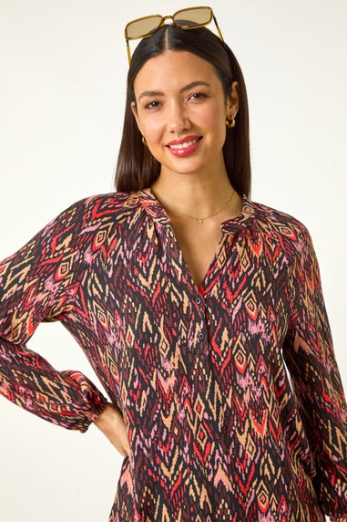 Roman Orange Aztec Print V-Neck Cuff Sleeve Top