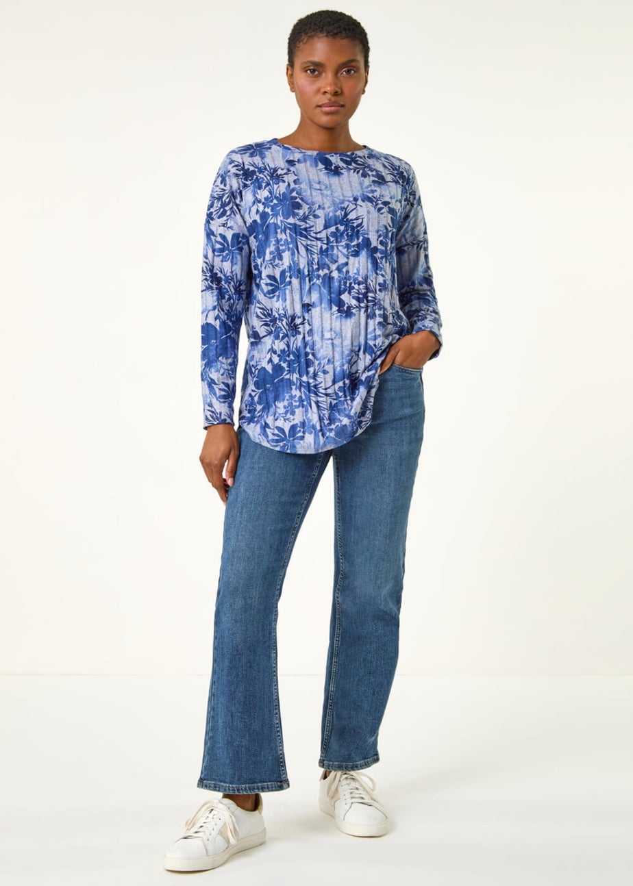 Roman Blue Floral Print Ribbed Top