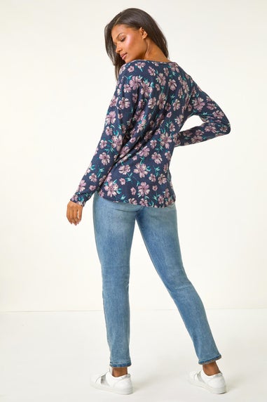 Roman Navy Floral Print Soft Touch Top