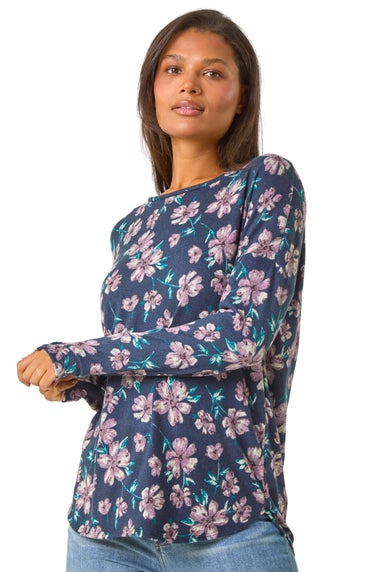 Roman Navy Floral Print Soft Touch Top