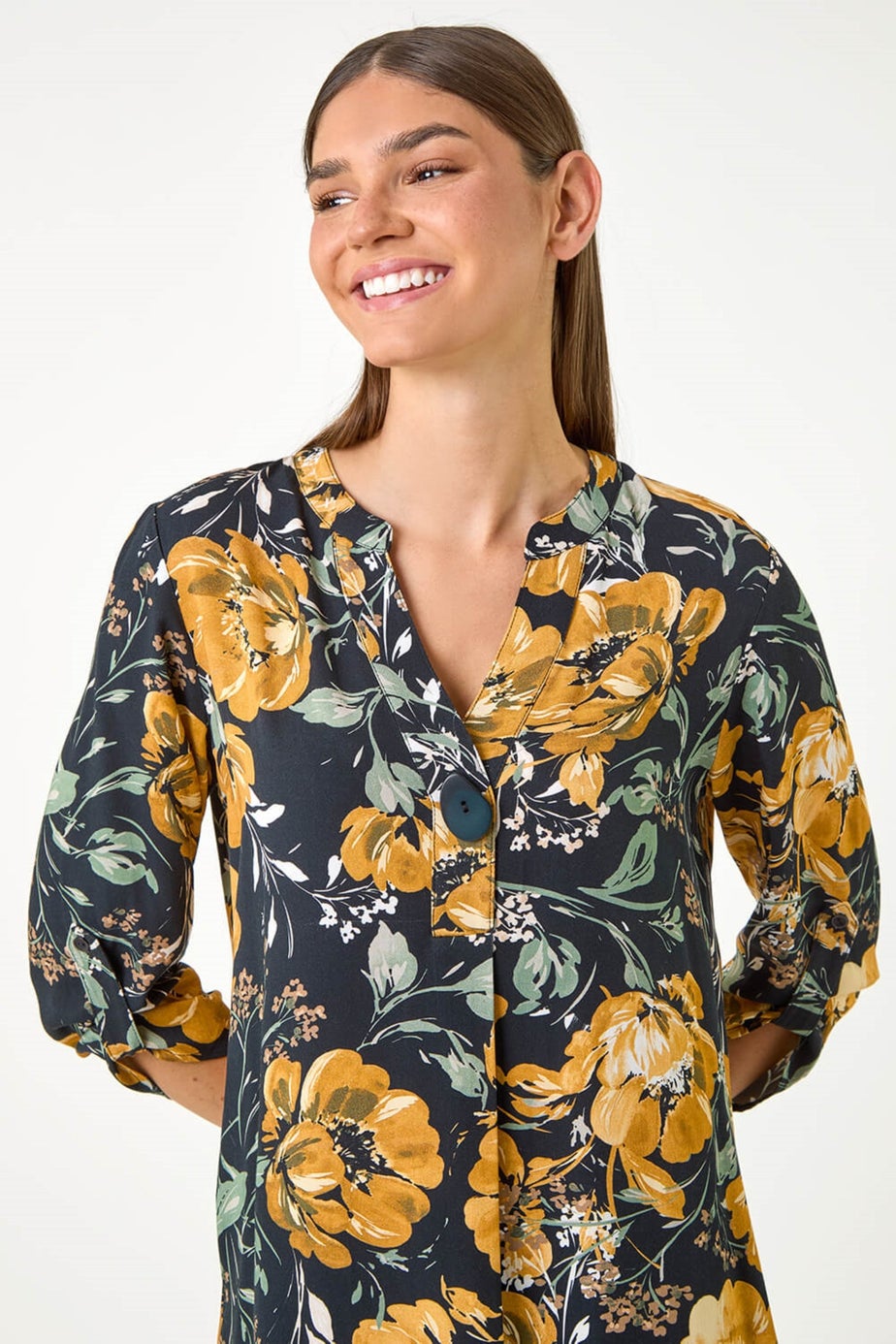 Roman Ochre Floral Print V-Neck Button Detail Tunic Top